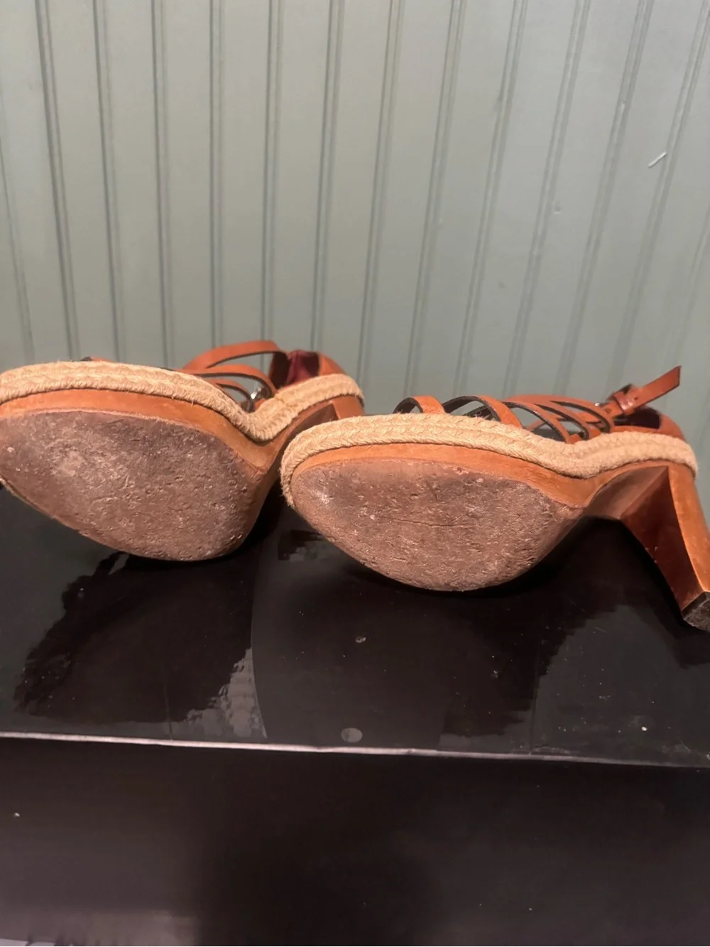 Coach Brown Leather T-Strap Espadrille Wedge Sandals